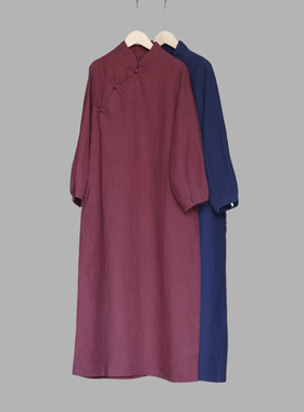 如素慢衣汉麻复古文艺柔软立领连衣裙40012