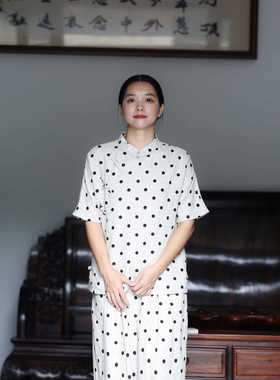 如素慢衣波点亚麻立领斜襟手工盘扣衬衫36196