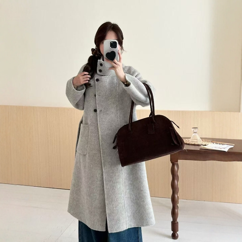 立领长款过膝双面羊绒大衣女2025新款系带修身大气优雅羊毛呢外套