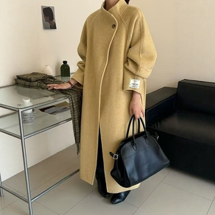 2025秋冬新款气质立领双面羊绒大衣女韩系中长款斜扣系带羊毛外套