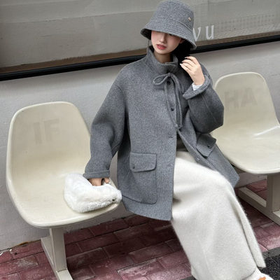 韩系时尚蝴蝶结羊毛双面羊绒外套