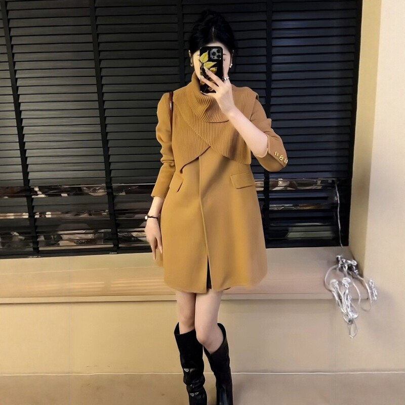 欧货驼色双面羊绒中长大衣女