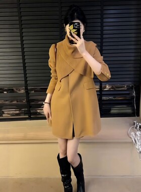 欧货驼色双面羊绒中长大衣女
