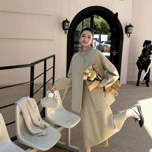 2025秋冬新款双面羊绒大衣女矮小个子小香风时尚套装裙子毛呢外套