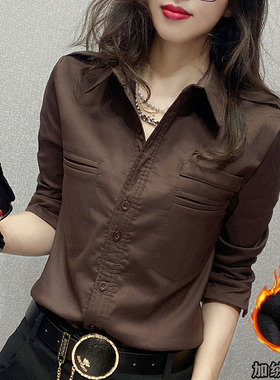 洋气加绒衬衫女秋冬2025新款修身显瘦百搭上衣打底衫气质职业衬衣