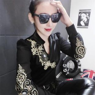 洋气t恤女长袖 女刺绣镶钻打底衫 春秋2025新款 衬衫 绣花潮 纱袖 时尚