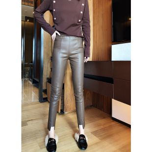 雾面高腰显瘦小脚皮裤女加绒春秋新款松紧腰九分pu亚光打底裤外穿