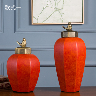 新中欧式陶瓷六角大红装饰罐结婚送礼新房乔迁艺术品摆件礼物花i.