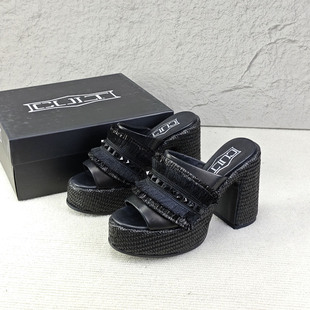 意大利轻奢25新款12cm真皮高跟防水台夏季厚底粗跟一字拖时尚凉拖