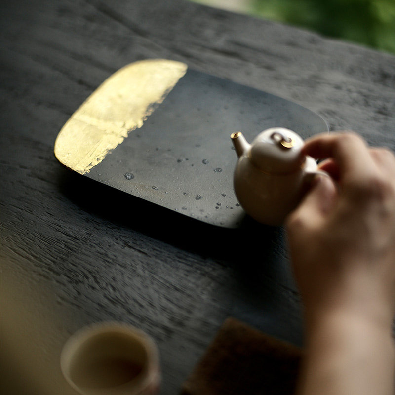 太初莲花堂 黑度浅方侘寂风壶承 金干泡台古朴高端玻璃茶具托盘沁