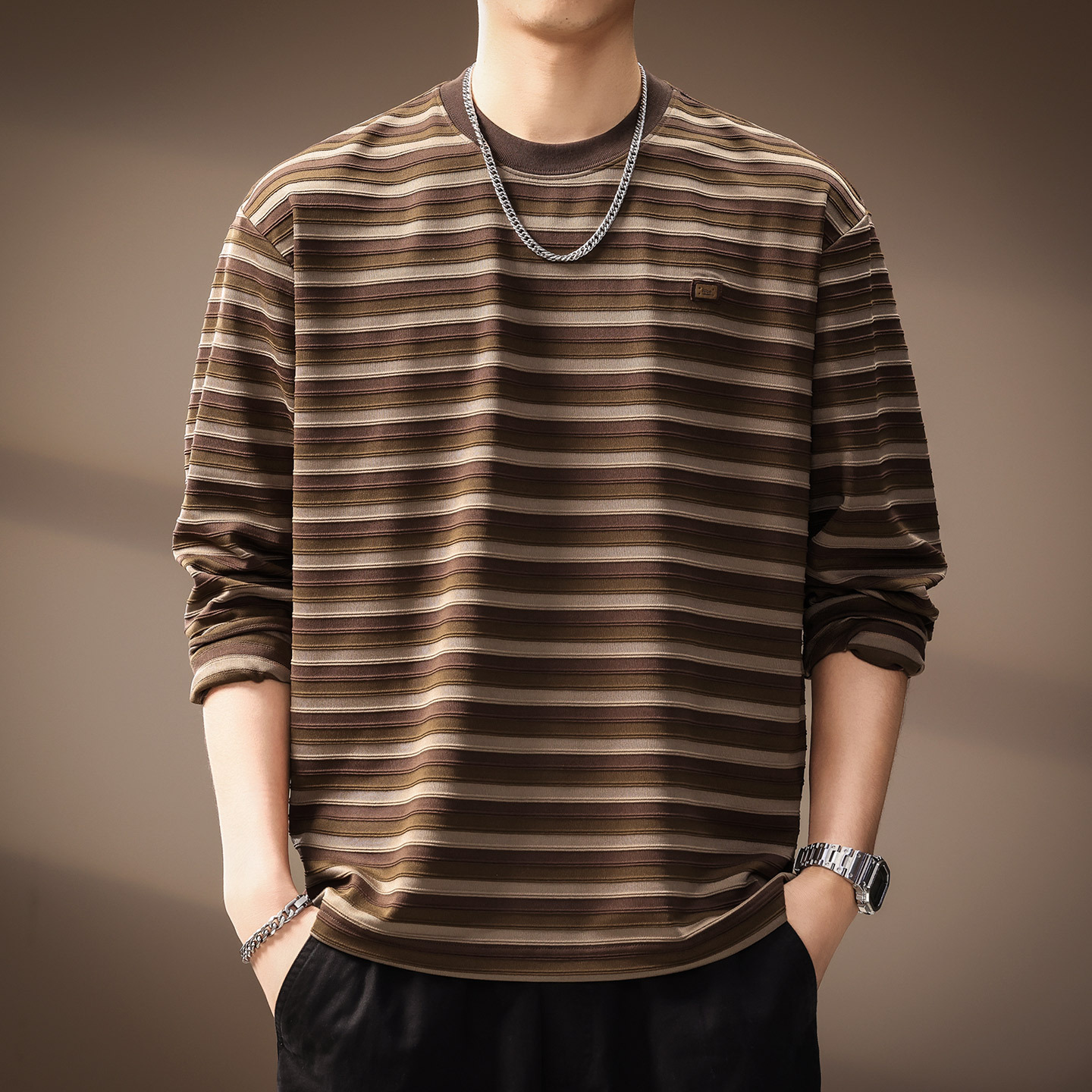 高端日系复古拼接条纹圆领长袖T恤男秋季新款潮流宽松打底海魂衫