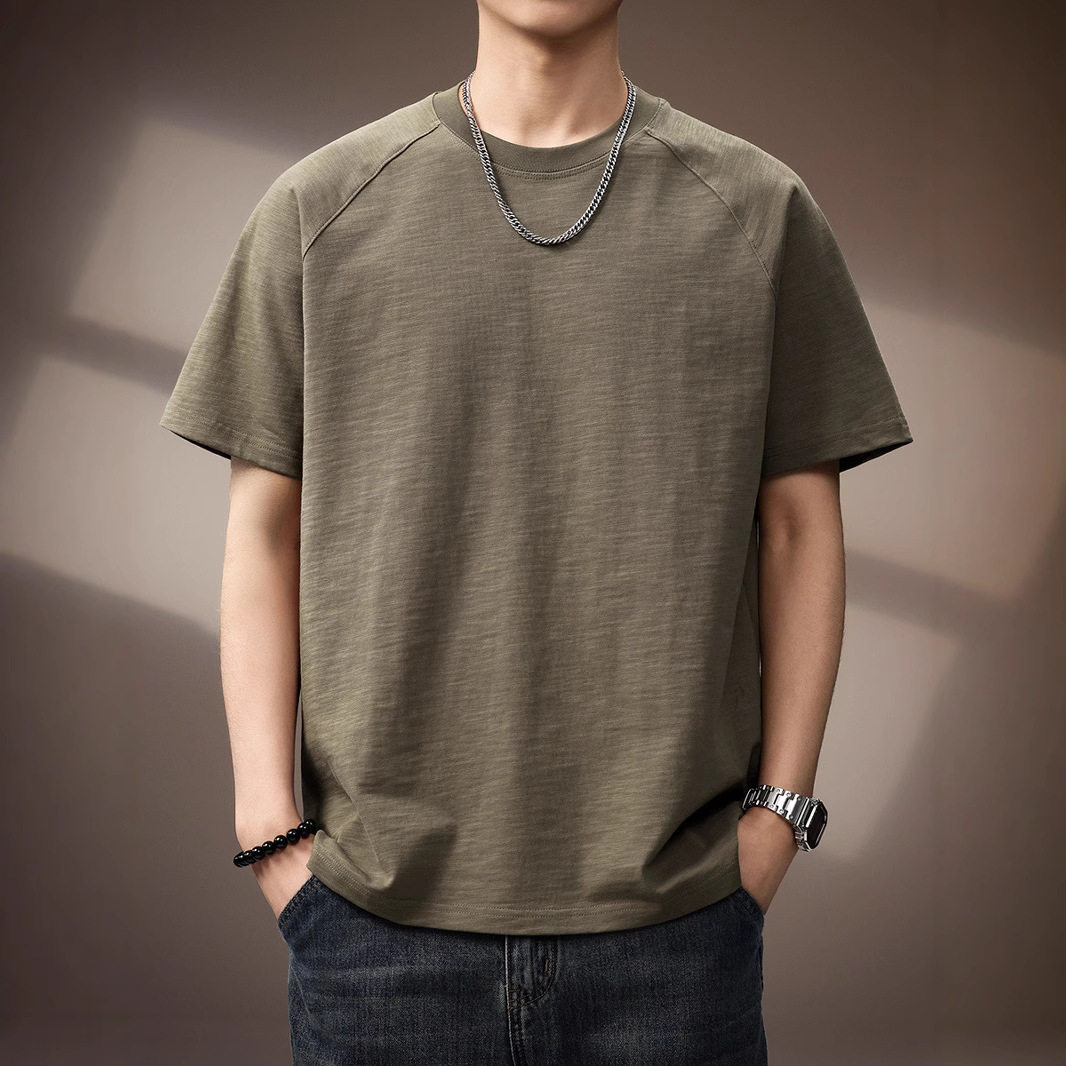 高端280g高密竹节棉短袖T恤男日系复古夏季新款圆领纯色正肩体恤