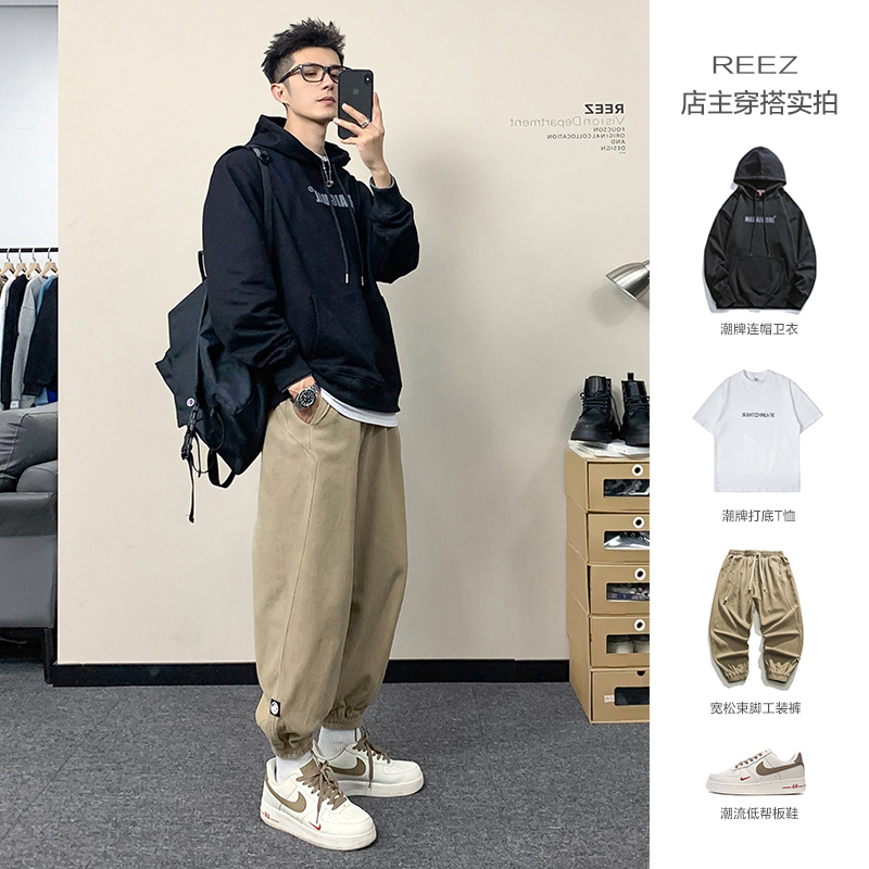 3REEZ【店主穿搭】日系工装裤男束脚秋冬加绒潮牌宽松休闲哈伦长裤