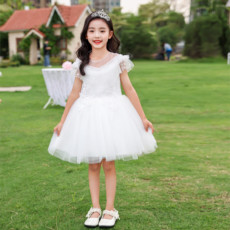 新款女童蓬蓬连衣裙公主演出生日礼服毕业白色钢琴合唱舞蹈表演服