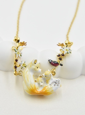 法国手工珐琅 爱护小动物 雪绒花 北极狐 山雀项链