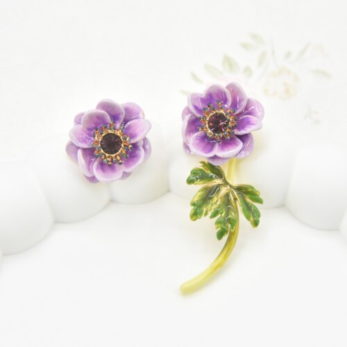 手工珐琅绽放诗篇银莲花 紫色花朵花瓣绿叶 不对称耳环 耳夹