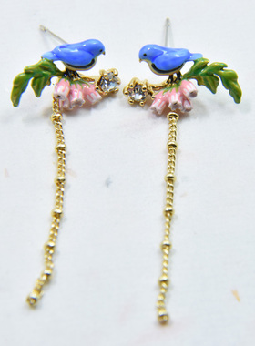 法国手工珐琅 les n律动森林 可爱蓝色小鸟流苏耳环耳钉耳夹