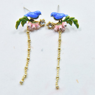可爱蓝色小鸟流苏耳环耳钉耳夹 n律动森林 法国手工珐琅 les