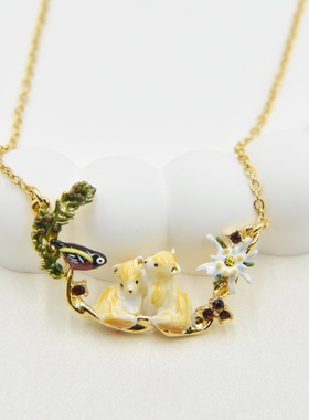 法国手工珐琅 爱护小动物 雪绒花 北极狐与山雀 项链