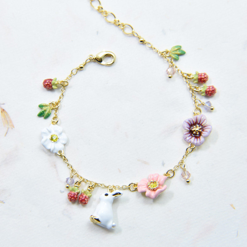 法国设计师手工珐琅 魔法奇遇记 花朵桑葚 可爱小白兔子 手链