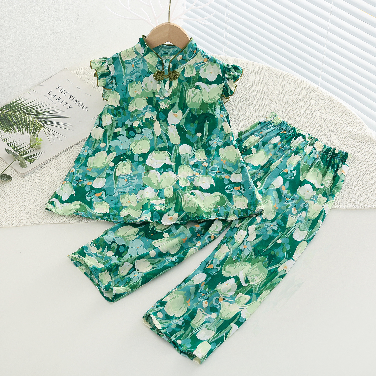 女童中大童新中式國風人造棉套裝