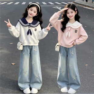 女童秋季套装2026新款儿童学院风卫衣大童女孩休闲阔腿裤两件套