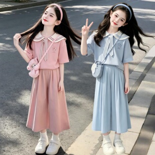 女童夏季套装儿童装学院风短袖T恤女孩薄款七分阔腿裤休闲两件套