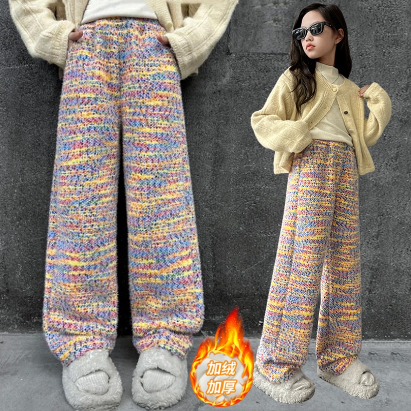 女童秋冬加绒加厚休闲直筒阔腿裤