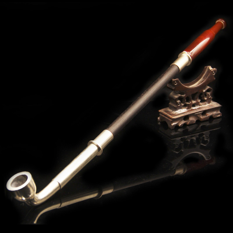 咸宝阁 中式旱烟袋红玛瑙嘴1.2黑檀木杆白铜手工锅中粗款