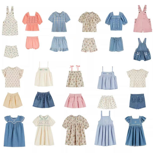 【清仓】EM女孩碎花刺绣衬衫短裤套装牛仔樱桃背带裤连衣裙