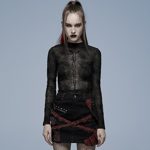 ╋魔叹╋ PUNK RAVE 朋克哥特GOTHIC蜘蛛网透视修身长袖T恤 WT695