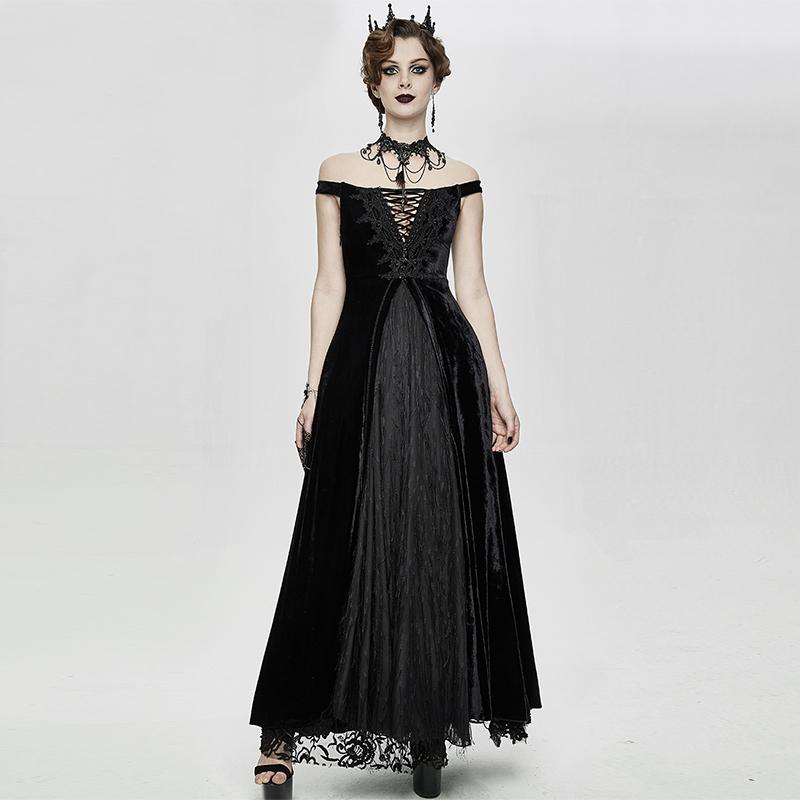 ╋魔叹╋ EVALADY复古哥特GOTHIC丝绒一字领大裙摆连衣裙 ESKT027