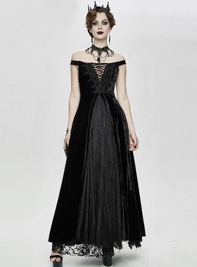 ╋魔叹╋ EVALADY复古哥特GOTHIC丝绒一字领大裙摆连衣裙 ESKT027
