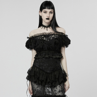 T恤 蕾丝衫 WT775 PUNKRAVE哥特GOTHIC洛丽塔一字领泡泡袖 ╋魔叹╋