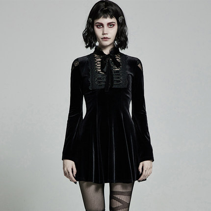 ╋魔叹╋PUNKRAVE朋克哥特GOTHIC复古丝绒喇叭袖礼服连衣裙 WQ516