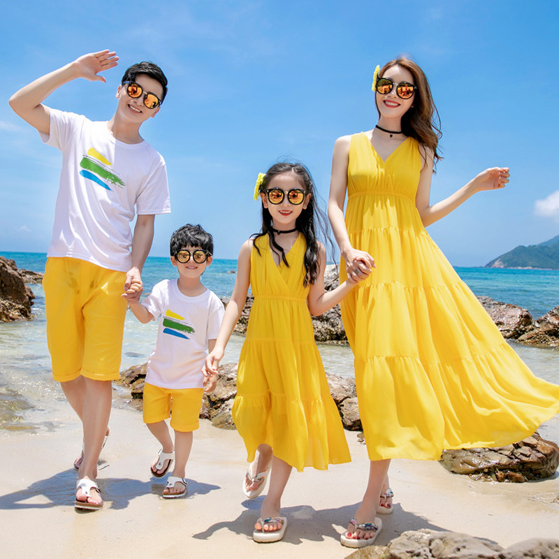 悦海悦贝海边度假亲子装一家三口旅游沙滩裙母女装长裙连衣裙出游