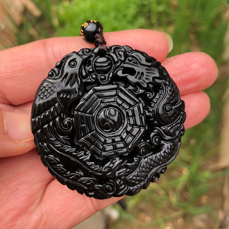 天然玉髓龙凤玉佩吊坠黑曜石情侣款项链挂件送证书