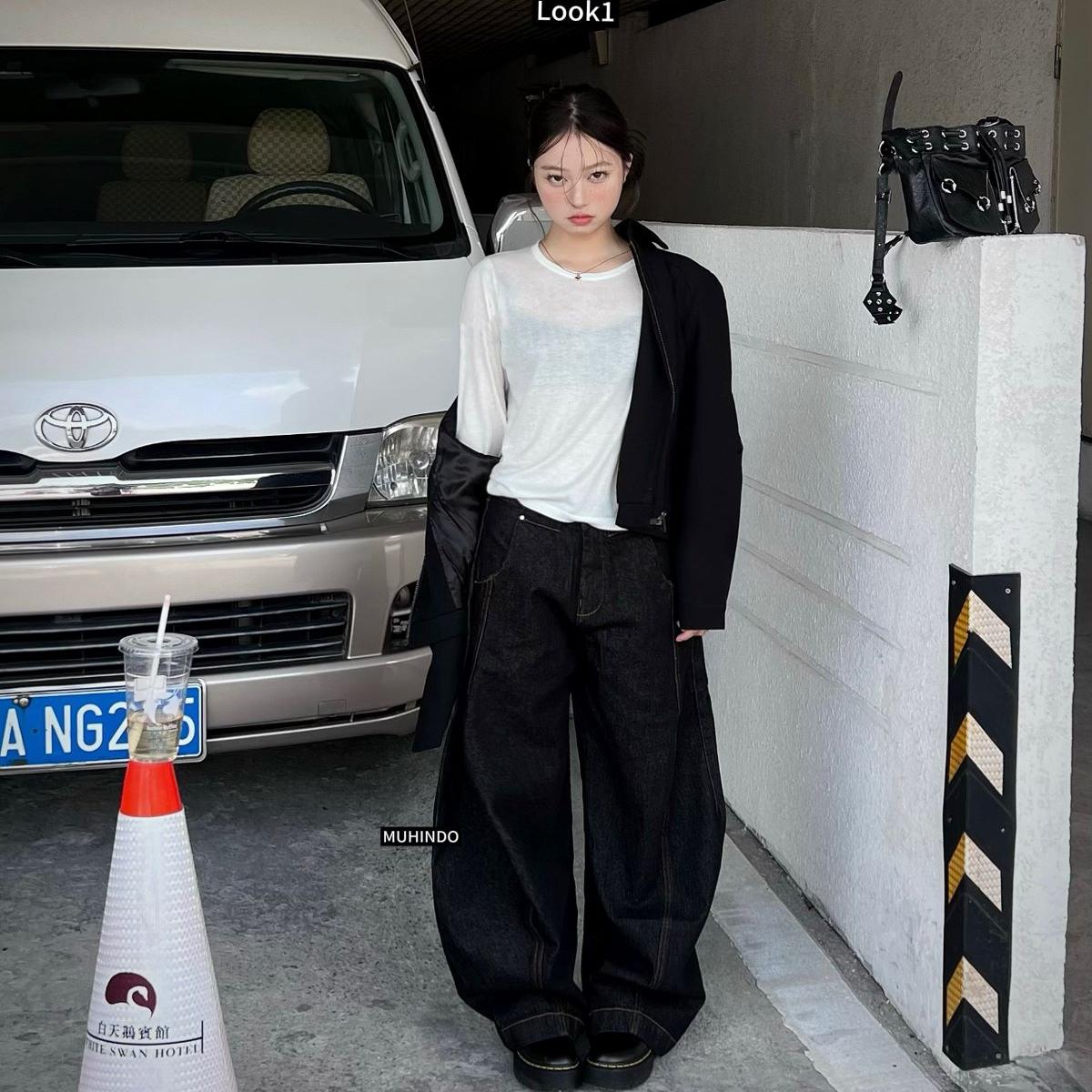 Muhindo原浆丹宁黑弯刀阔腿休闲宽松牛仔baggy长裤男女