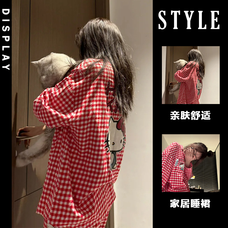 2025年新款睡衣女春秋带胸垫纯棉可爱红色凯蒂猫本命年家居服套装