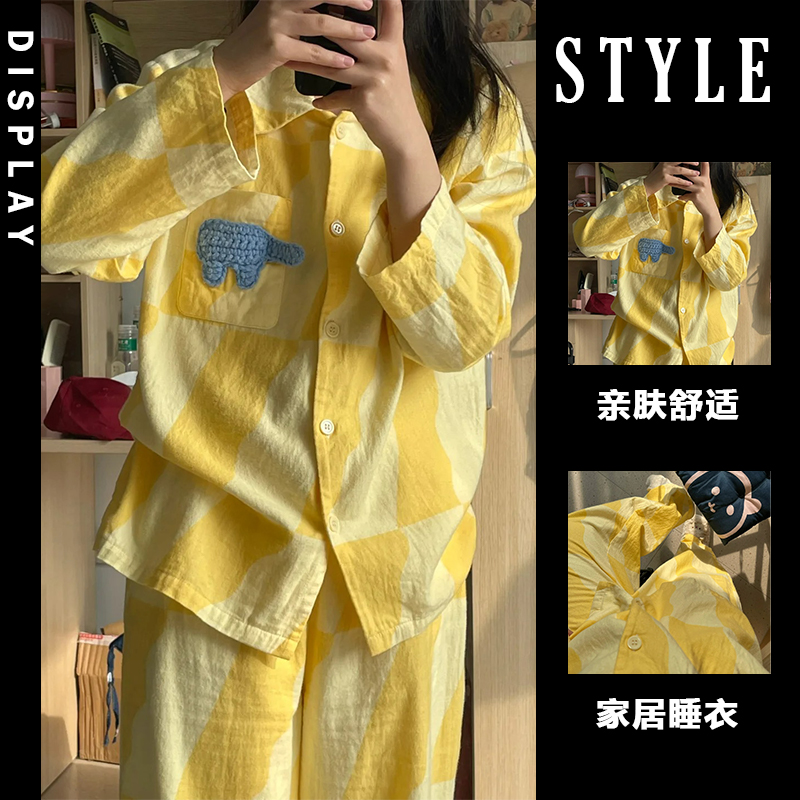 2025年春夏睡衣女新款带胸垫薄款梭织纯棉韩系INS春秋家居服套装