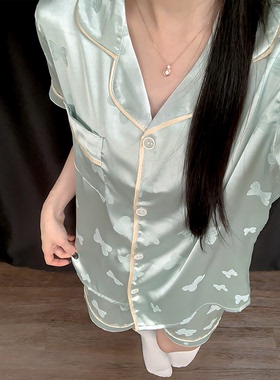 冰丝睡衣夏季高级感蝴蝶缎面女款带胸垫短袖夏天可外穿家居服套装