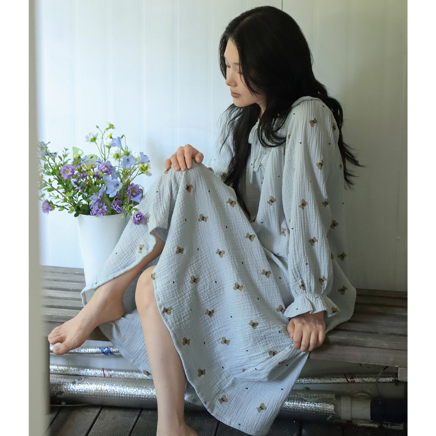 棉纱睡裙秋季新款纯棉带胸垫简约甜美小熊加长款秋冬睡衣家居服春