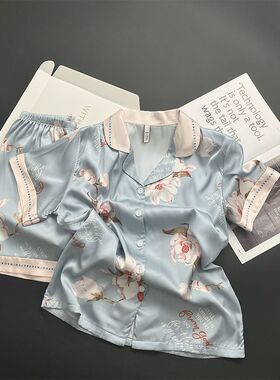 夏季2026年新款冰丝短袖短裤女士两件套翻领开衫家居服可外穿薄款