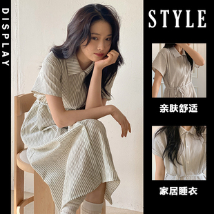 条纹睡裙女夏天新款 裙家居服 带胸垫纯棉长款 韩系简约INS睡衣衬衫