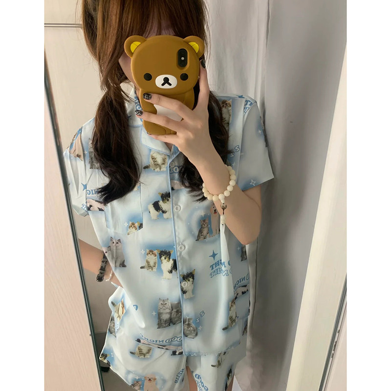 带胸垫睡衣女夏季冰丝短袖甜美可爱二次元仿真丝绸薄款家居服套装