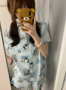 带胸垫睡衣女夏季冰丝短袖甜美可爱二次元仿真丝绸薄款家居服套装
