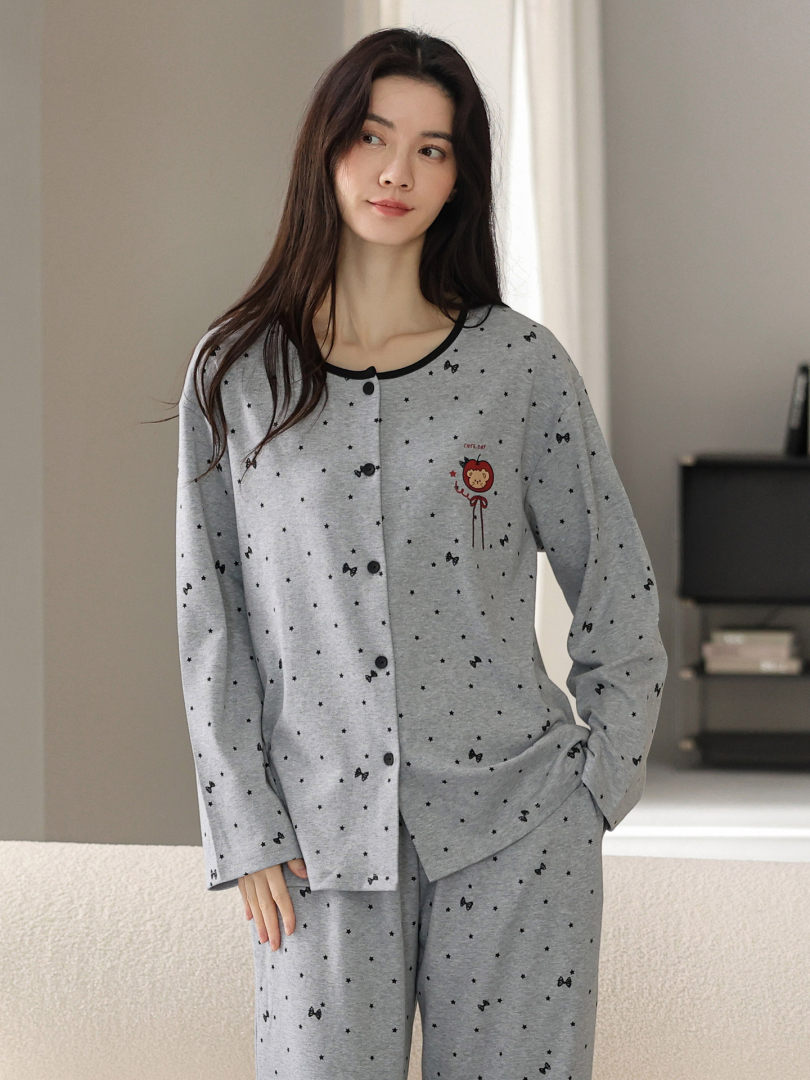 Gray printed pajama set worn by a model