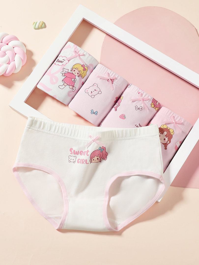 Pink and white cute cartoon-print women's underwear briefs displayed flat