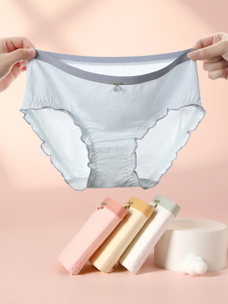 Light gray women's underwear panties held up by hands, with multiple color variants shown below