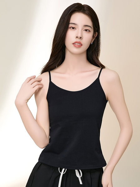Black spaghetti-strap tank top worn by a model